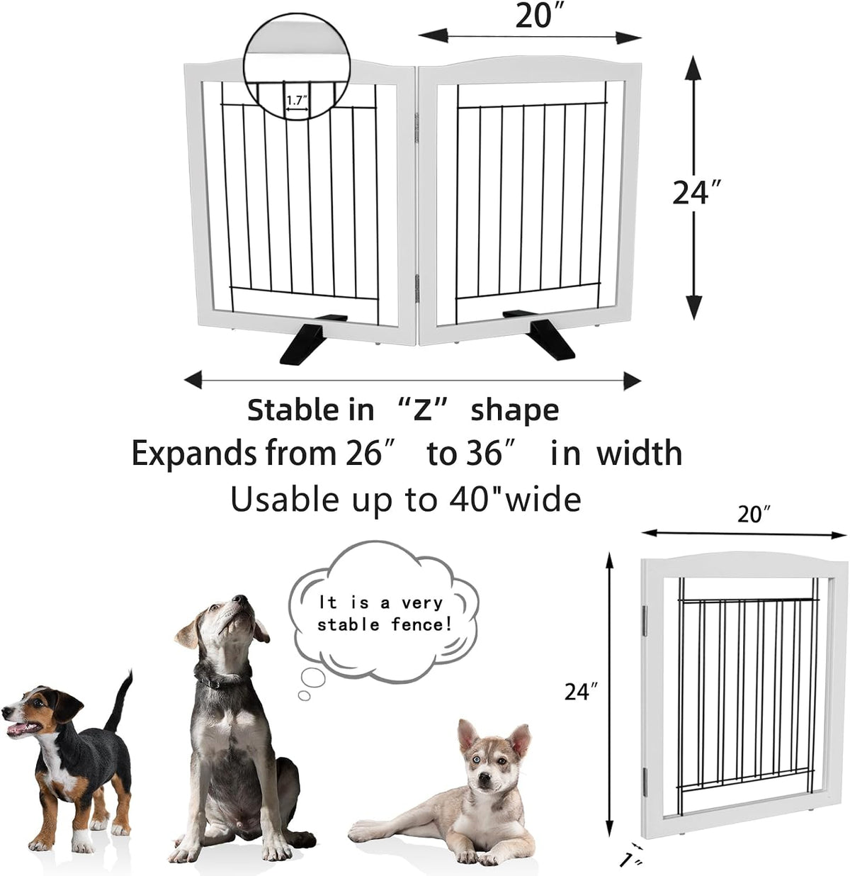 Freestanding Dog Fence Indoor, Foldable Dog Gate for Doorways, Stairs or Hallways, Sturdy Wood Extra Wide Pet Gate with Support Feet for The House, White, 24 "Height-3 Panels