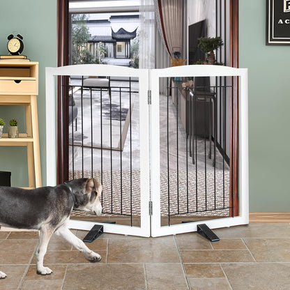 Freestanding Dog Fence Indoor, Foldable Dog Gate for Doorways, Stairs or Hallways, Sturdy Wood Extra Wide Pet Gate with Support Feet for The House, White, 24 "Height-3 Panels