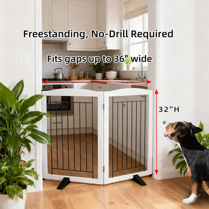 Freestanding Dog Fence Indoor, Foldable Dog Gate for Doorways, Stairs or Hallways, Sturdy Wood Extra Wide Pet Gate with Support Feet for The House, White, 24 "Height-3 Panels