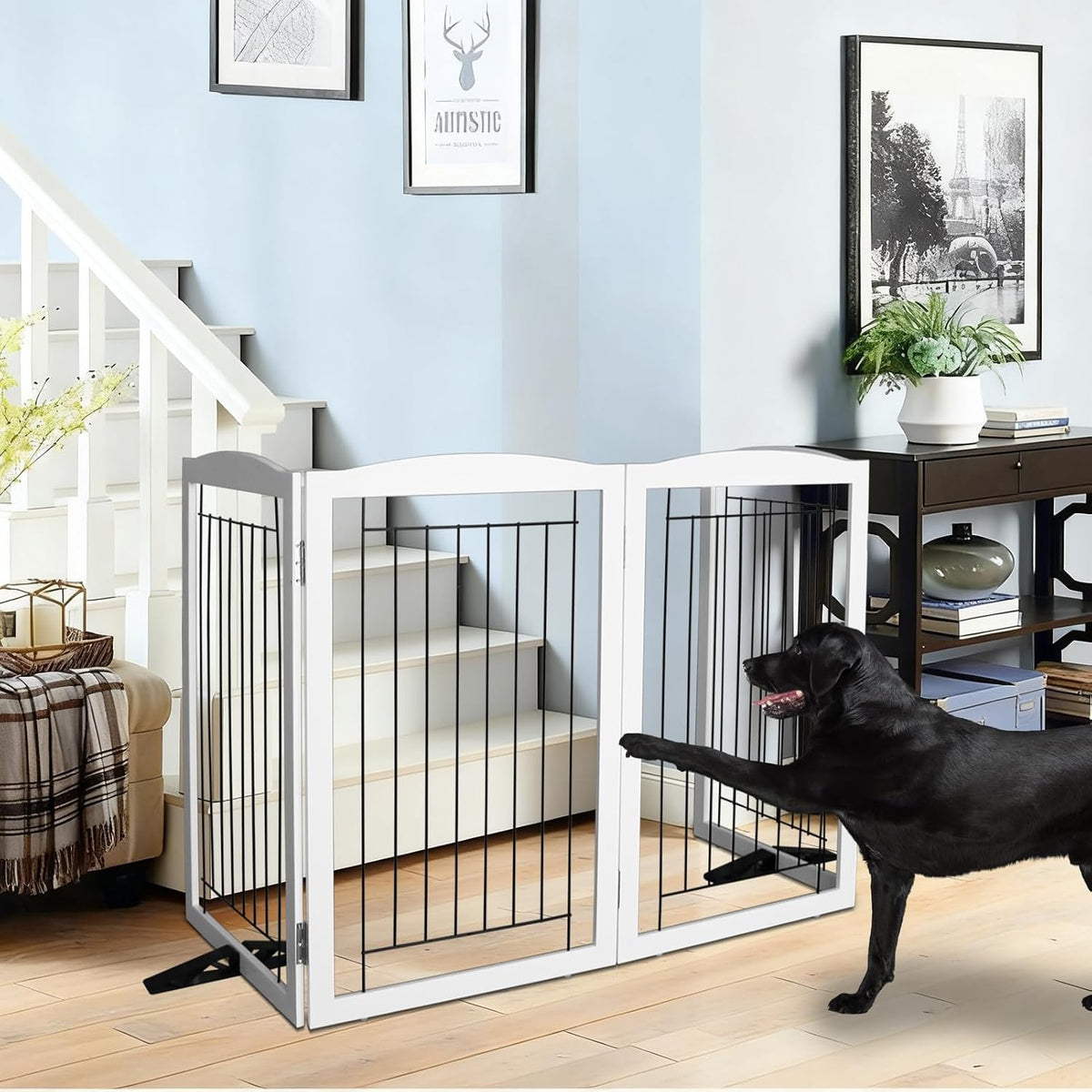 Freestanding Dog Fence Indoor, Foldable Dog Gate for Doorways, Stairs or Hallways, Sturdy Wood Extra Wide Pet Gate with Support Feet for The House, White, 24 "Height-3 Panels