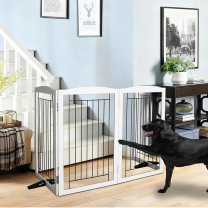 Freestanding Dog Fence Indoor, Foldable Dog Gate for Doorways, Stairs or Hallways, Sturdy Wood Extra Wide Pet Gate with Support Feet for The House, White, 24 "Height-3 Panels