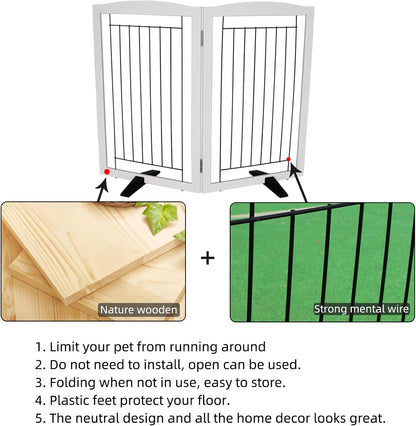Freestanding Dog Fence Indoor, Foldable Dog Gate for Doorways, Stairs or Hallways, Sturdy Wood Extra Wide Pet Gate with Support Feet for The House, White, 24 "Height-3 Panels