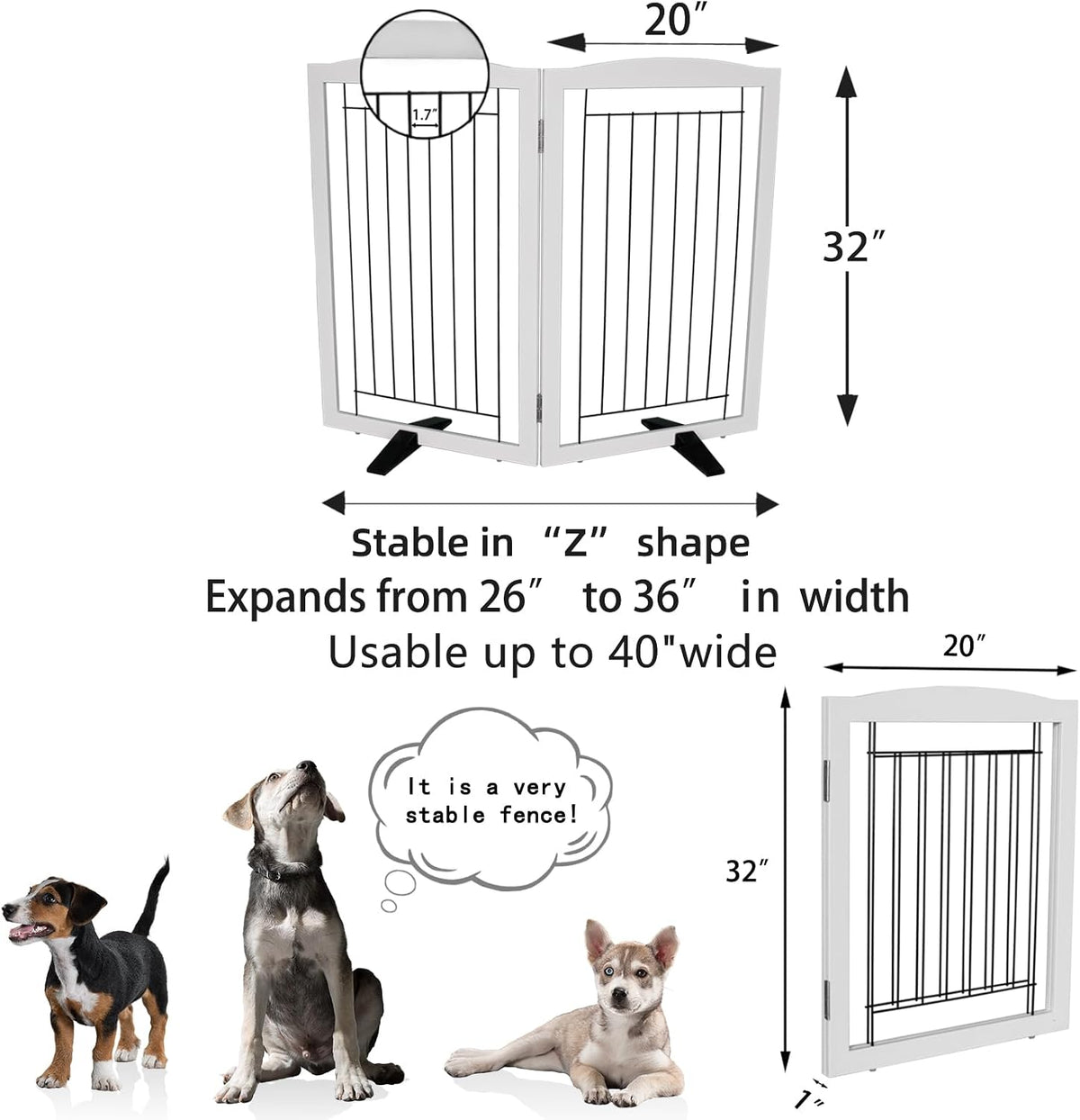 Freestanding Dog Fence Indoor, Foldable Dog Gate for Doorways, Stairs or Hallways, Sturdy Wood Extra Wide Pet Gate with Support Feet for The House, White, 24 "Height-3 Panels
