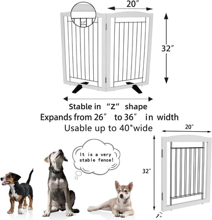 Freestanding Dog Fence Indoor, Foldable Dog Gate for Doorways, Stairs or Hallways, Sturdy Wood Extra Wide Pet Gate with Support Feet for The House, White, 24 "Height-3 Panels