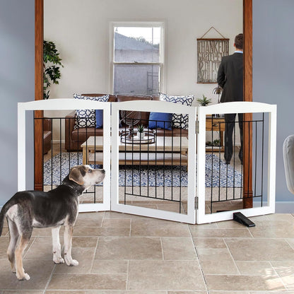 Freestanding Dog Fence Indoor, Foldable Dog Gate for Doorways, Stairs or Hallways, Sturdy Wood Extra Wide Pet Gate with Support Feet for The House, White, 24 "Height-3 Panels