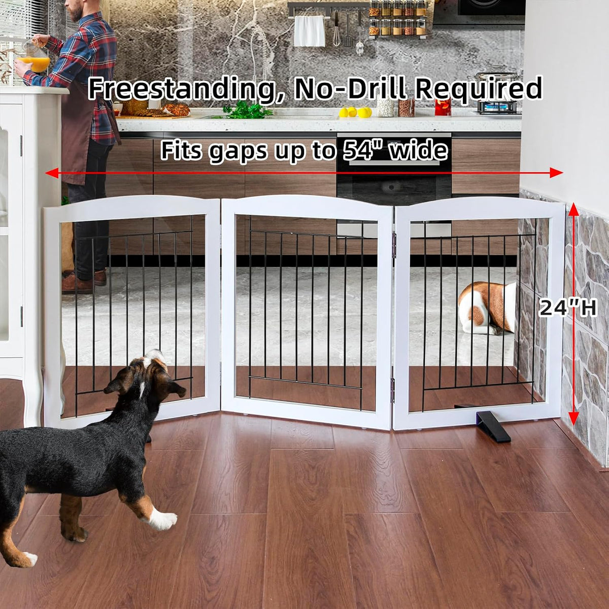 Freestanding Dog Fence Indoor, Foldable Dog Gate for Doorways, Stairs or Hallways, Sturdy Wood Extra Wide Pet Gate with Support Feet for The House, White, 24 "Height-3 Panels