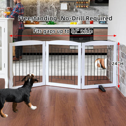 Freestanding Dog Fence Indoor, Foldable Dog Gate for Doorways, Stairs or Hallways, Sturdy Wood Extra Wide Pet Gate with Support Feet for The House, White, 24 "Height-3 Panels