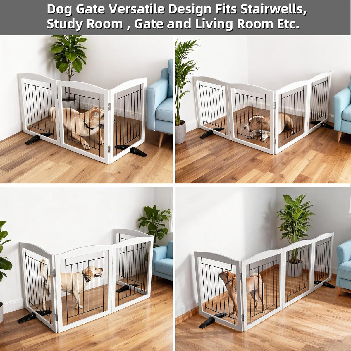 Freestanding Dog Fence Indoor, Foldable Dog Gate for Doorways, Stairs or Hallways, Sturdy Wood Extra Wide Pet Gate with Support Feet for The House, White, 24 "Height-3 Panels