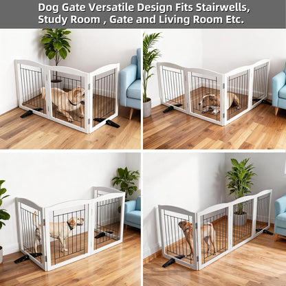Freestanding Dog Fence Indoor, Foldable Dog Gate for Doorways, Stairs or Hallways, Sturdy Wood Extra Wide Pet Gate with Support Feet for The House, White, 24 "Height-3 Panels