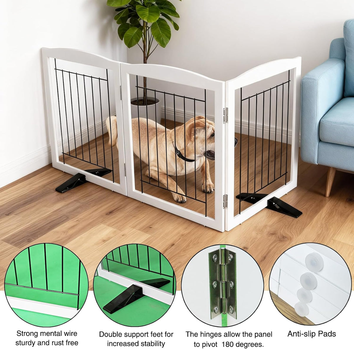 Freestanding Dog Fence Indoor, Foldable Dog Gate for Doorways, Stairs or Hallways, Sturdy Wood Extra Wide Pet Gate with Support Feet for The House, White, 24 "Height-3 Panels