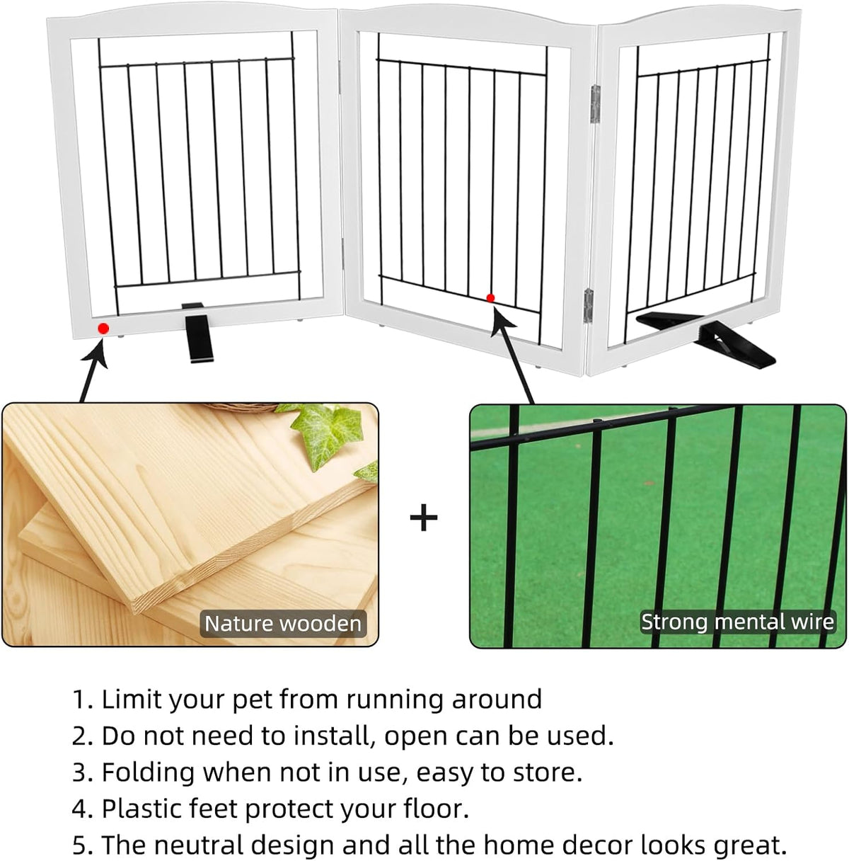 Freestanding Dog Fence Indoor, Foldable Dog Gate for Doorways, Stairs or Hallways, Sturdy Wood Extra Wide Pet Gate with Support Feet for The House, White, 24 "Height-3 Panels