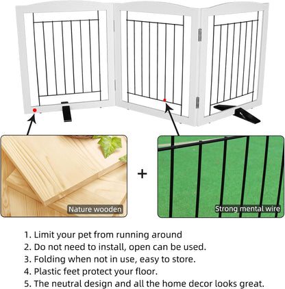 Freestanding Dog Fence Indoor, Foldable Dog Gate for Doorways, Stairs or Hallways, Sturdy Wood Extra Wide Pet Gate with Support Feet for The House, White, 24 "Height-3 Panels