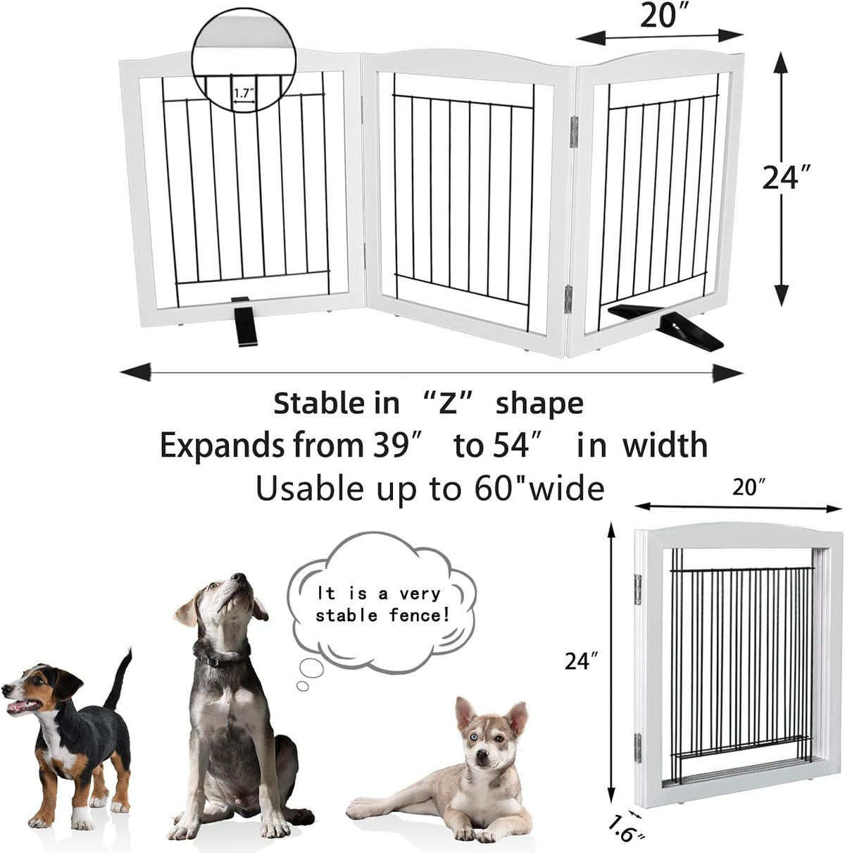 Freestanding Dog Fence Indoor, Foldable Dog Gate for Doorways, Stairs or Hallways, Sturdy Wood Extra Wide Pet Gate with Support Feet for The House, White, 24 "Height-3 Panels