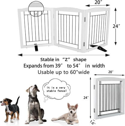 Freestanding Dog Fence Indoor, Foldable Dog Gate for Doorways, Stairs or Hallways, Sturdy Wood Extra Wide Pet Gate with Support Feet for The House, White, 24 "Height-3 Panels