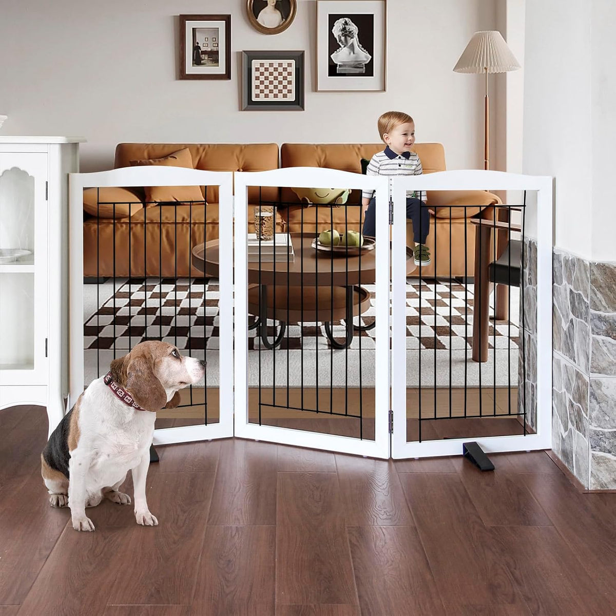 Freestanding Dog Fence Indoor, Foldable Dog Gate for Doorways, Stairs or Hallways, Sturdy Wood Extra Wide Pet Gate with Support Feet for The House, White, 24 "Height-3 Panels