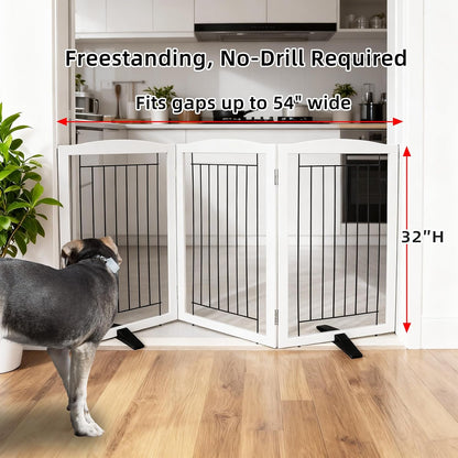 Freestanding Dog Fence Indoor, Foldable Dog Gate for Doorways, Stairs or Hallways, Sturdy Wood Extra Wide Pet Gate with Support Feet for The House, White, 24 "Height-3 Panels