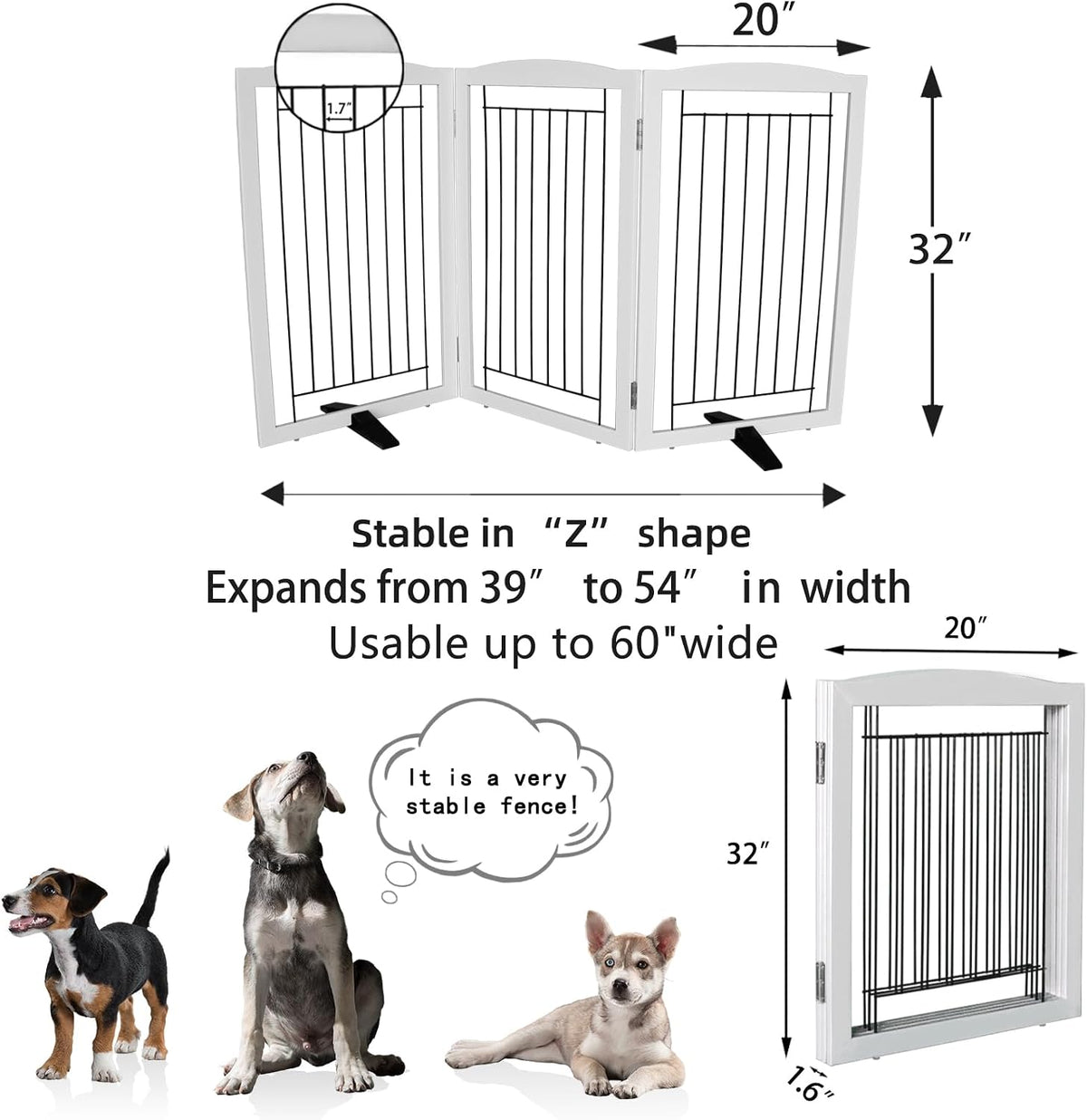 Freestanding Dog Fence Indoor, Foldable Dog Gate for Doorways, Stairs or Hallways, Sturdy Wood Extra Wide Pet Gate with Support Feet for The House, White, 24 "Height-3 Panels