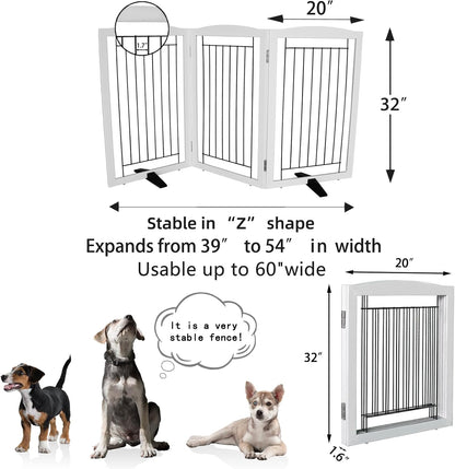 Freestanding Dog Fence Indoor, Foldable Dog Gate for Doorways, Stairs or Hallways, Sturdy Wood Extra Wide Pet Gate with Support Feet for The House, White, 24 "Height-3 Panels