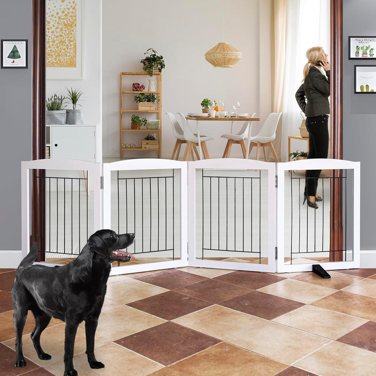 Freestanding Dog Fence Indoor, Foldable Dog Gate for Doorways, Stairs or Hallways, Sturdy Wood Extra Wide Pet Gate with Support Feet for The House, White, 24 "Height-3 Panels