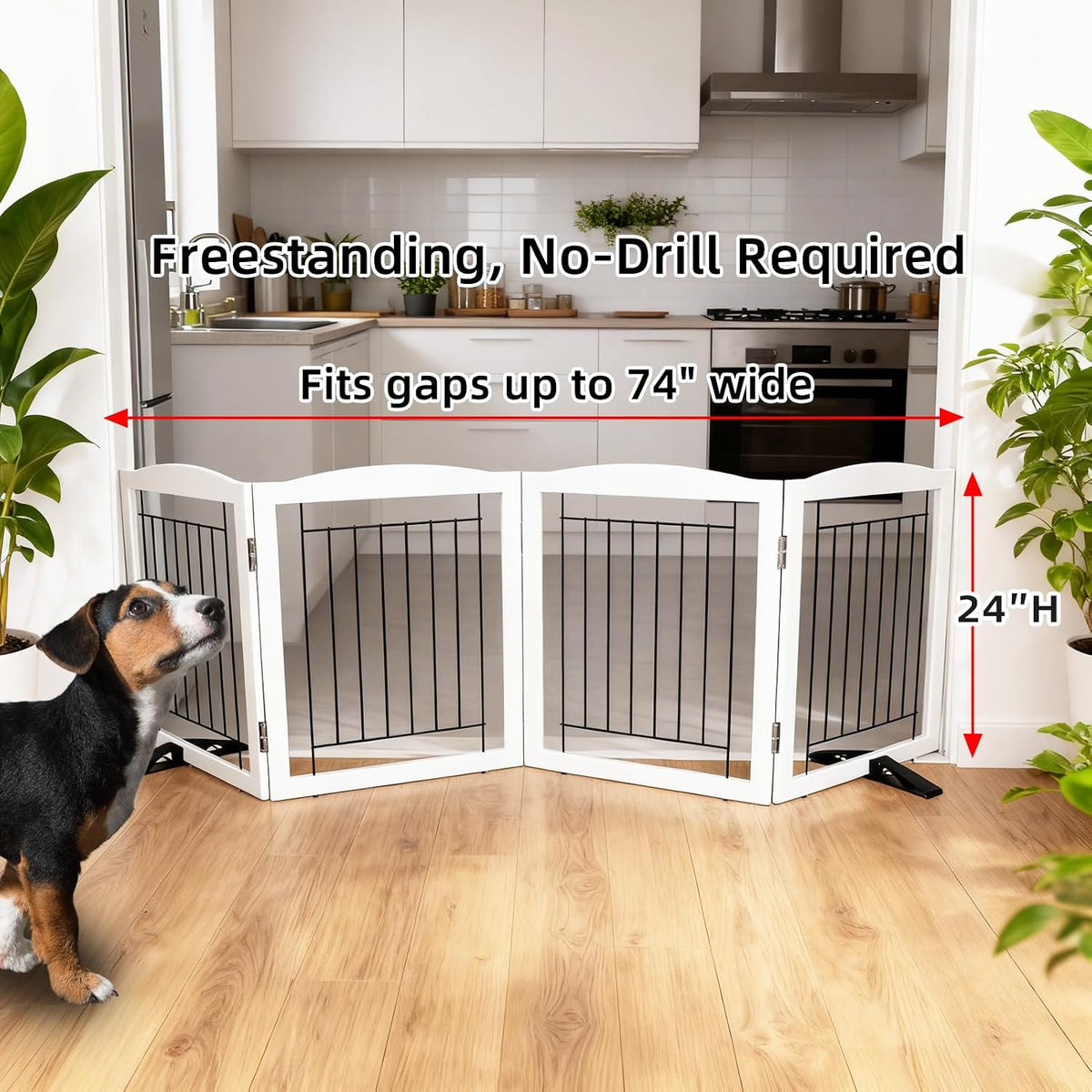 Freestanding Dog Fence Indoor, Foldable Dog Gate for Doorways, Stairs or Hallways, Sturdy Wood Extra Wide Pet Gate with Support Feet for The House, White, 24 "Height-3 Panels