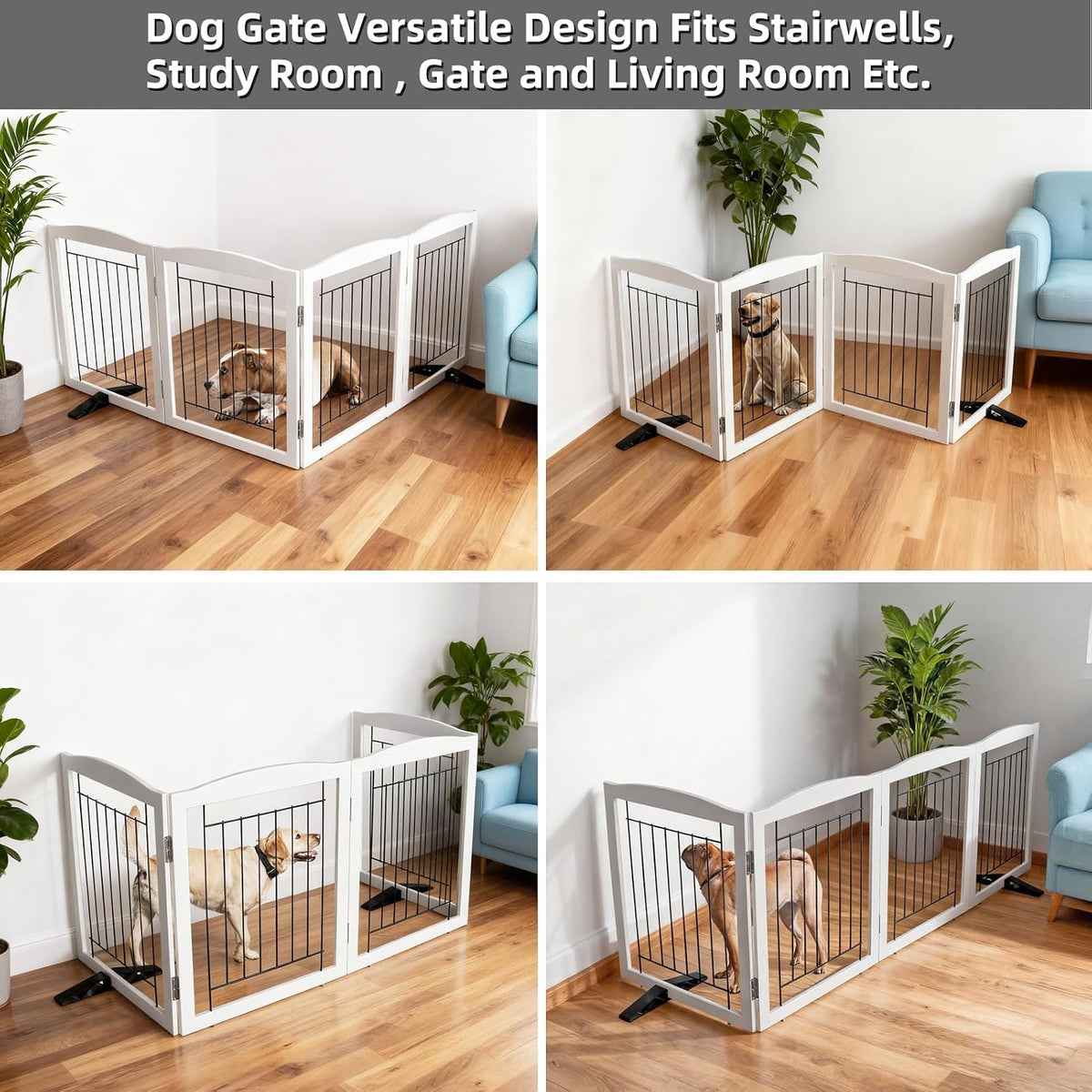 Freestanding Dog Fence Indoor, Foldable Dog Gate for Doorways, Stairs or Hallways, Sturdy Wood Extra Wide Pet Gate with Support Feet for The House, White, 24 "Height-3 Panels