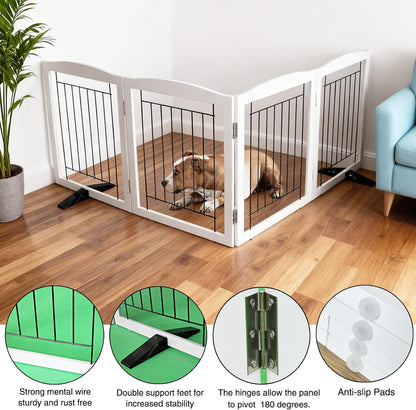 Freestanding Dog Fence Indoor, Foldable Dog Gate for Doorways, Stairs or Hallways, Sturdy Wood Extra Wide Pet Gate with Support Feet for The House, White, 24 "Height-3 Panels
