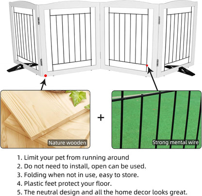 Freestanding Dog Fence Indoor, Foldable Dog Gate for Doorways, Stairs or Hallways, Sturdy Wood Extra Wide Pet Gate with Support Feet for The House, White, 24 "Height-3 Panels