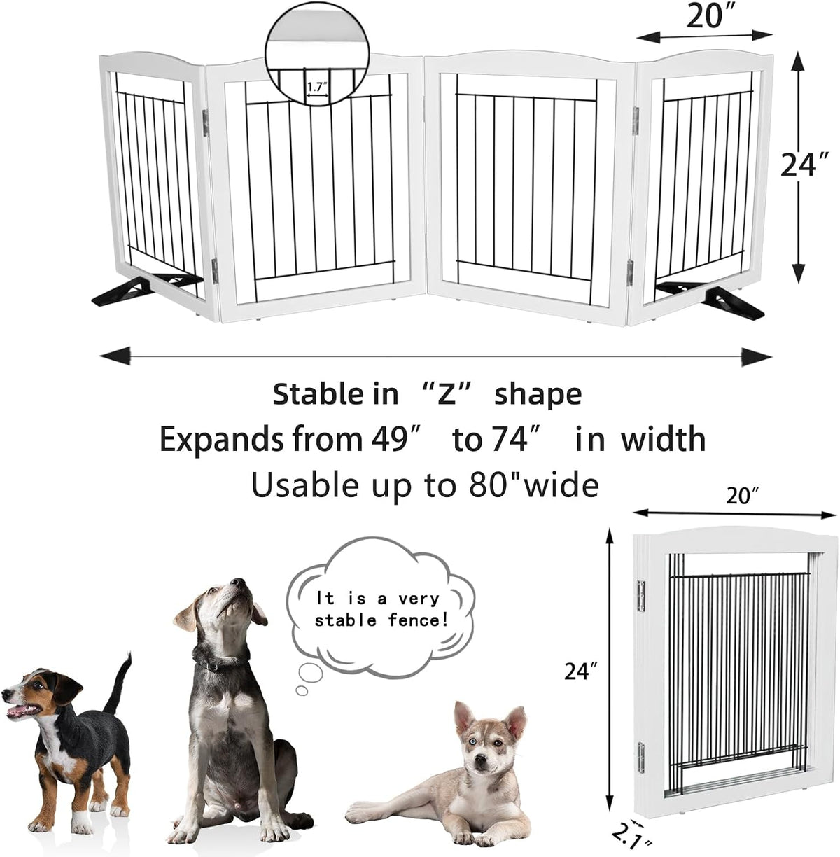 Freestanding Dog Fence Indoor, Foldable Dog Gate for Doorways, Stairs or Hallways, Sturdy Wood Extra Wide Pet Gate with Support Feet for The House, White, 24 "Height-3 Panels
