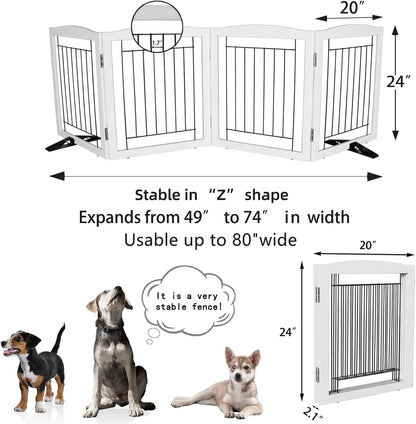 Freestanding Dog Fence Indoor, Foldable Dog Gate for Doorways, Stairs or Hallways, Sturdy Wood Extra Wide Pet Gate with Support Feet for The House, White, 24 "Height-3 Panels