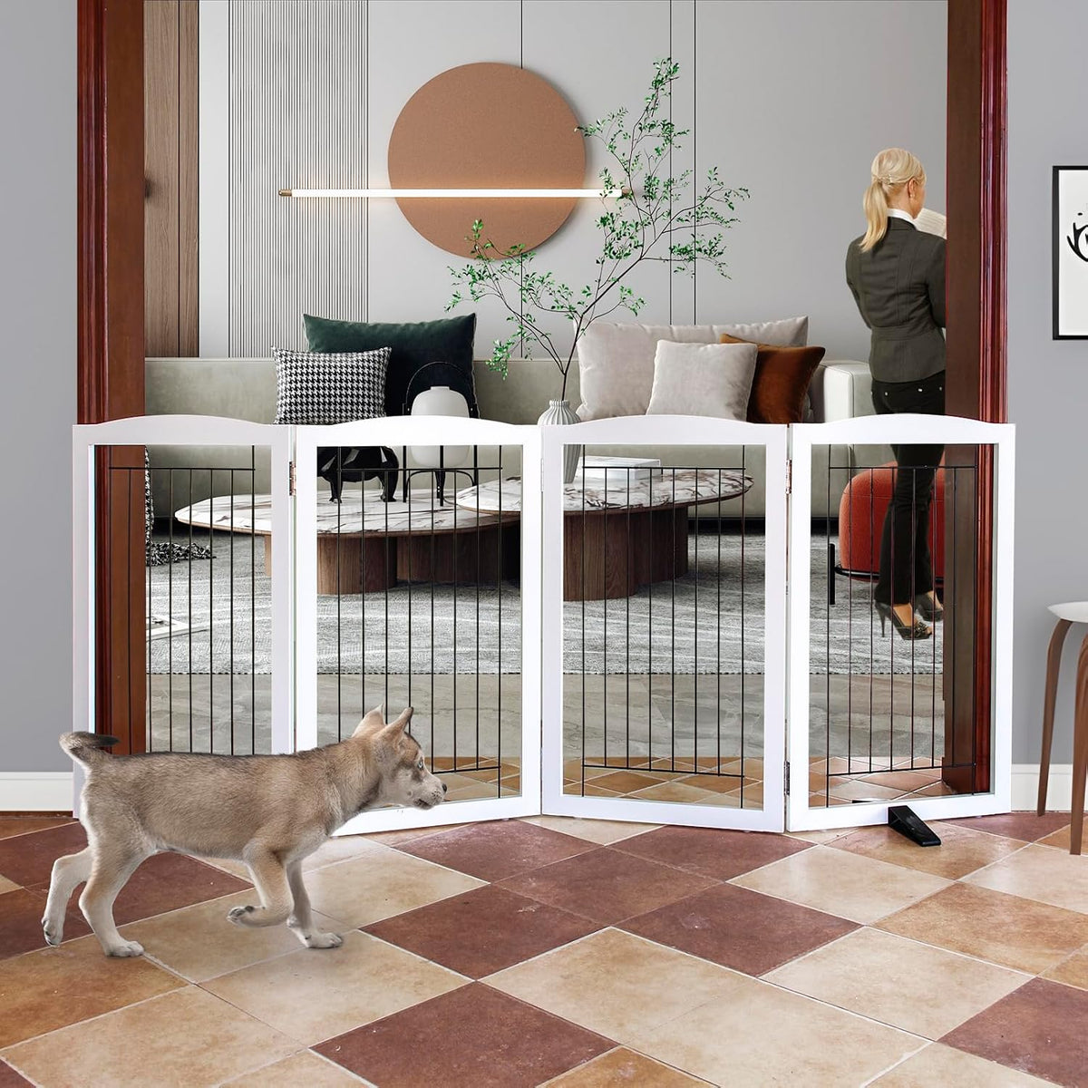 Freestanding Dog Fence Indoor, Foldable Dog Gate for Doorways, Stairs or Hallways, Sturdy Wood Extra Wide Pet Gate with Support Feet for The House, White, 24 "Height-3 Panels