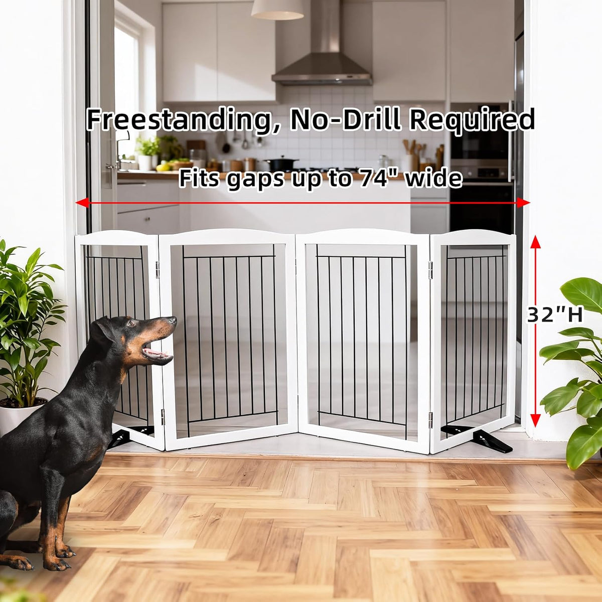 Freestanding Dog Fence Indoor, Foldable Dog Gate for Doorways, Stairs or Hallways, Sturdy Wood Extra Wide Pet Gate with Support Feet for The House, White, 24 "Height-3 Panels