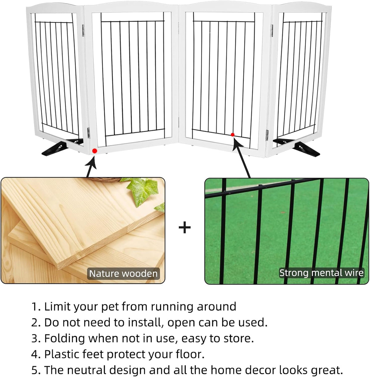 Freestanding Dog Fence Indoor, Foldable Dog Gate for Doorways, Stairs or Hallways, Sturdy Wood Extra Wide Pet Gate with Support Feet for The House, White, 24 "Height-3 Panels