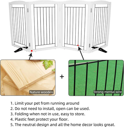 Freestanding Dog Fence Indoor, Foldable Dog Gate for Doorways, Stairs or Hallways, Sturdy Wood Extra Wide Pet Gate with Support Feet for The House, White, 24 "Height-3 Panels
