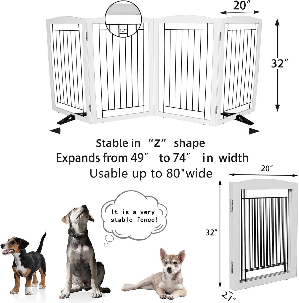 Freestanding Dog Fence Indoor, Foldable Dog Gate for Doorways, Stairs or Hallways, Sturdy Wood Extra Wide Pet Gate with Support Feet for The House, White, 24 "Height-3 Panels