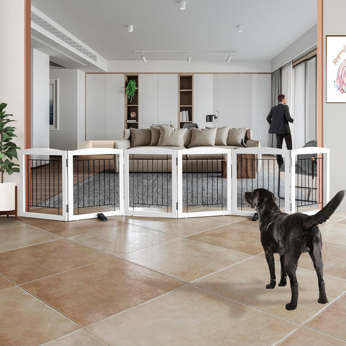 Freestanding Dog Fence Indoor, Foldable Dog Gate for Doorways, Stairs or Hallways, Sturdy Wood Extra Wide Pet Gate with Support Feet for The House, White, 24 "Height-3 Panels