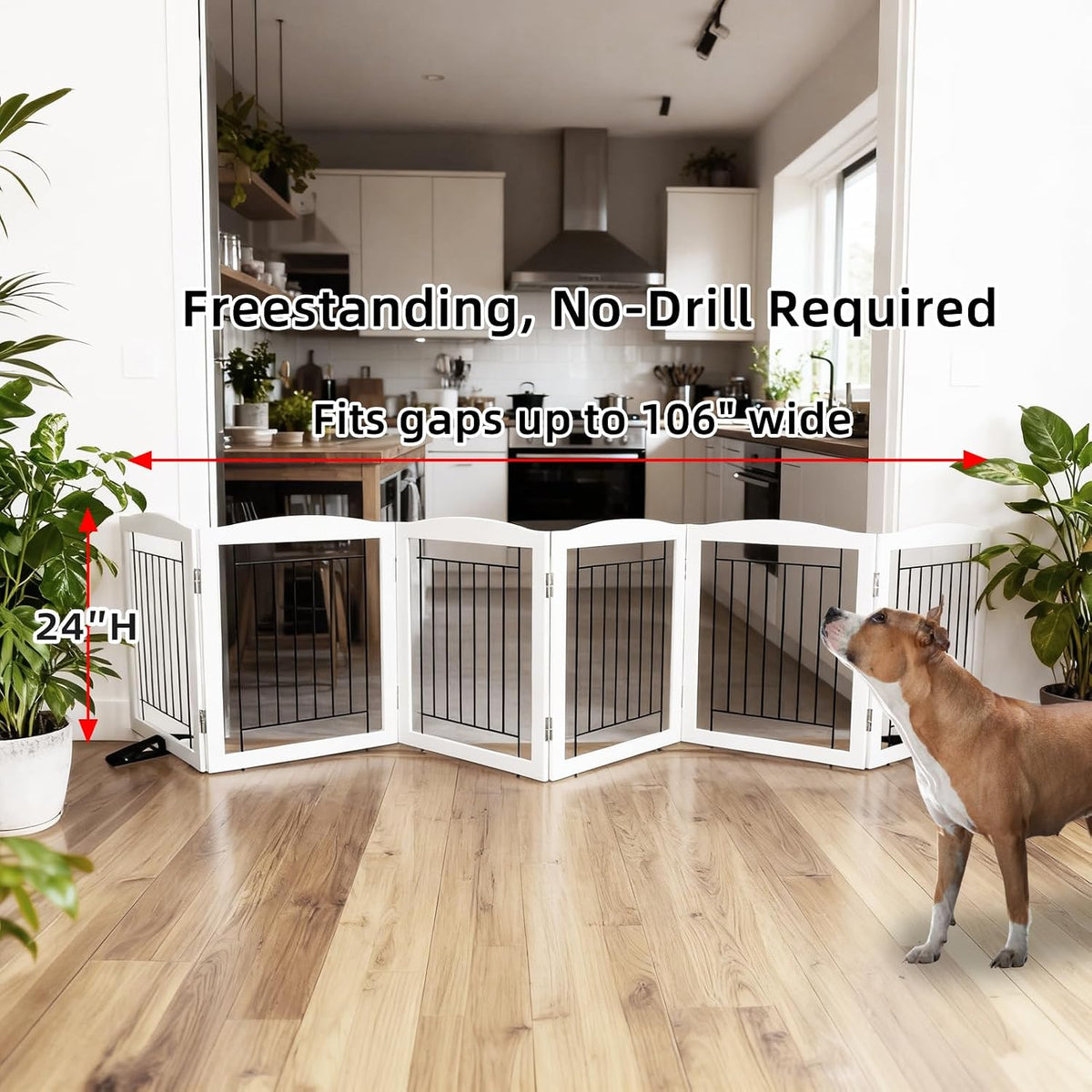 Freestanding Dog Fence Indoor, Foldable Dog Gate for Doorways, Stairs or Hallways, Sturdy Wood Extra Wide Pet Gate with Support Feet for The House, White, 24 "Height-3 Panels