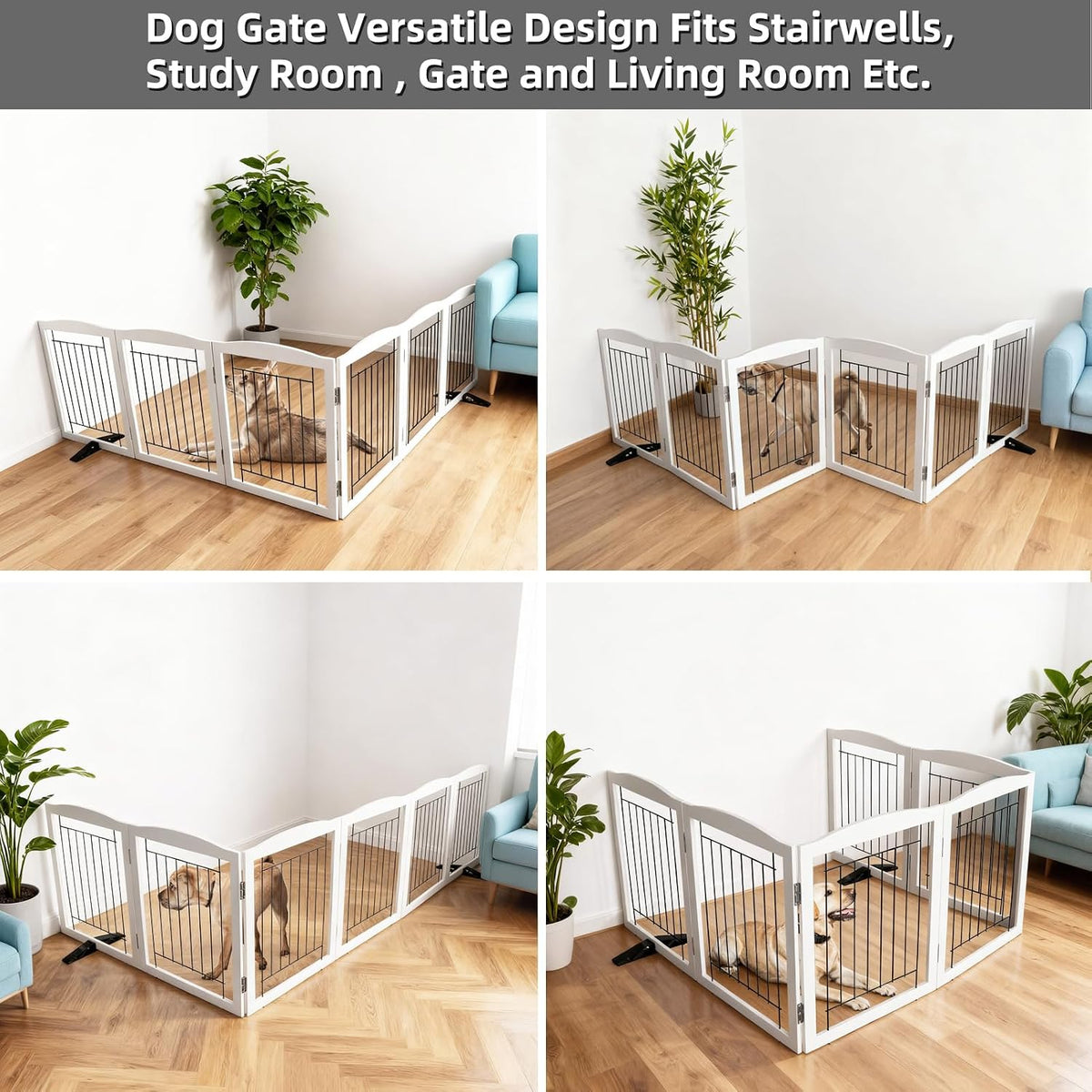 Freestanding Dog Fence Indoor, Foldable Dog Gate for Doorways, Stairs or Hallways, Sturdy Wood Extra Wide Pet Gate with Support Feet for The House, White, 24 "Height-3 Panels