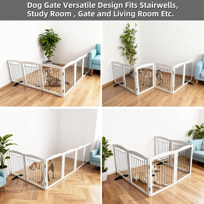 Freestanding Dog Fence Indoor, Foldable Dog Gate for Doorways, Stairs or Hallways, Sturdy Wood Extra Wide Pet Gate with Support Feet for The House, White, 24 "Height-3 Panels