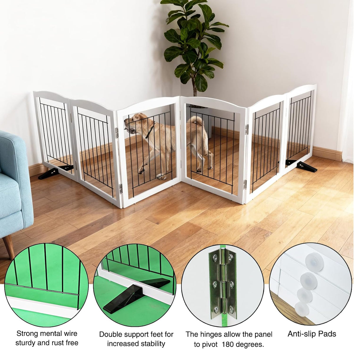 Freestanding Dog Fence Indoor, Foldable Dog Gate for Doorways, Stairs or Hallways, Sturdy Wood Extra Wide Pet Gate with Support Feet for The House, White, 24 "Height-3 Panels