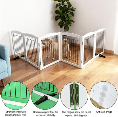 Freestanding Dog Fence Indoor, Foldable Dog Gate for Doorways, Stairs or Hallways, Sturdy Wood Extra Wide Pet Gate with Support Feet for The House, White, 24 "Height-3 Panels