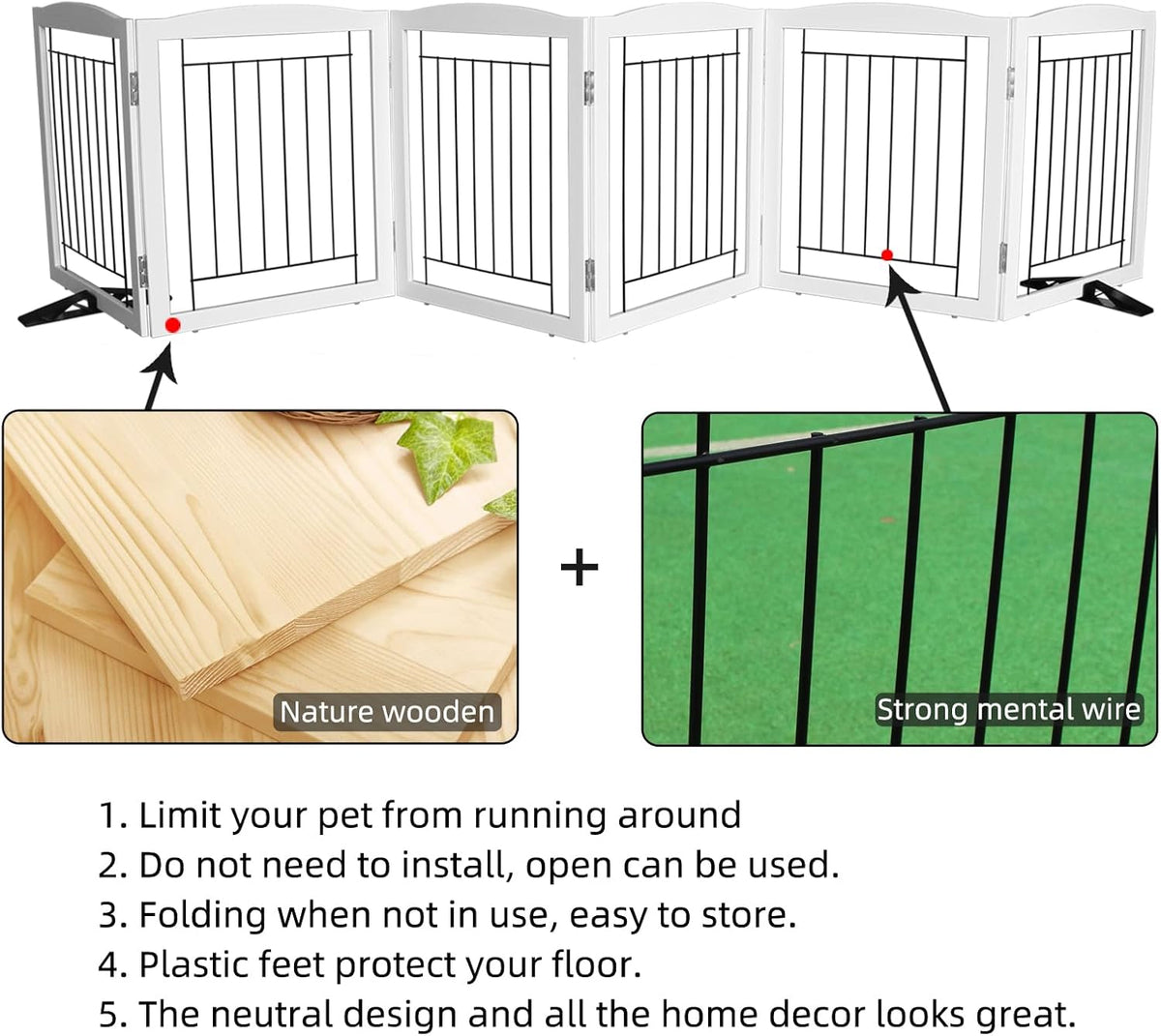 Freestanding Dog Fence Indoor, Foldable Dog Gate for Doorways, Stairs or Hallways, Sturdy Wood Extra Wide Pet Gate with Support Feet for The House, White, 24 "Height-3 Panels