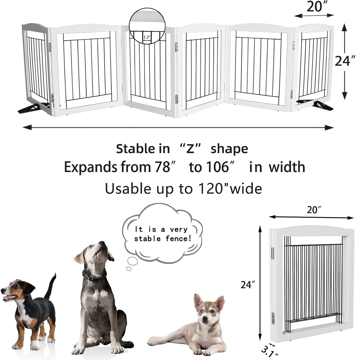 Freestanding Dog Fence Indoor, Foldable Dog Gate for Doorways, Stairs or Hallways, Sturdy Wood Extra Wide Pet Gate with Support Feet for The House, White, 24 "Height-3 Panels