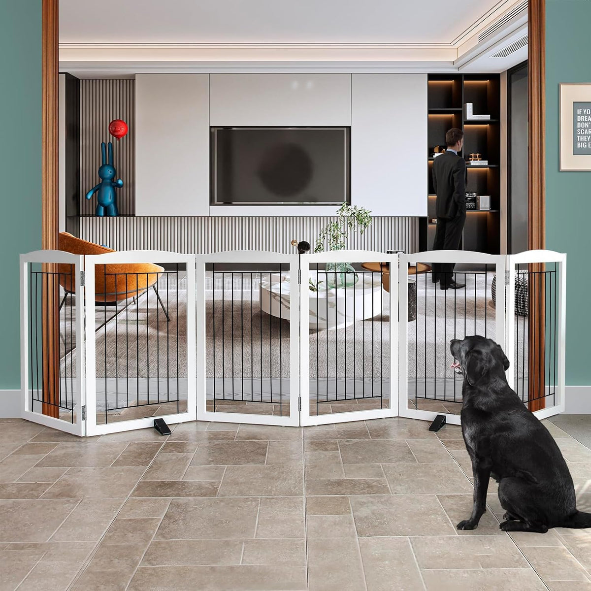 Freestanding Dog Fence Indoor, Foldable Dog Gate for Doorways, Stairs or Hallways, Sturdy Wood Extra Wide Pet Gate with Support Feet for The House, White, 24 "Height-3 Panels