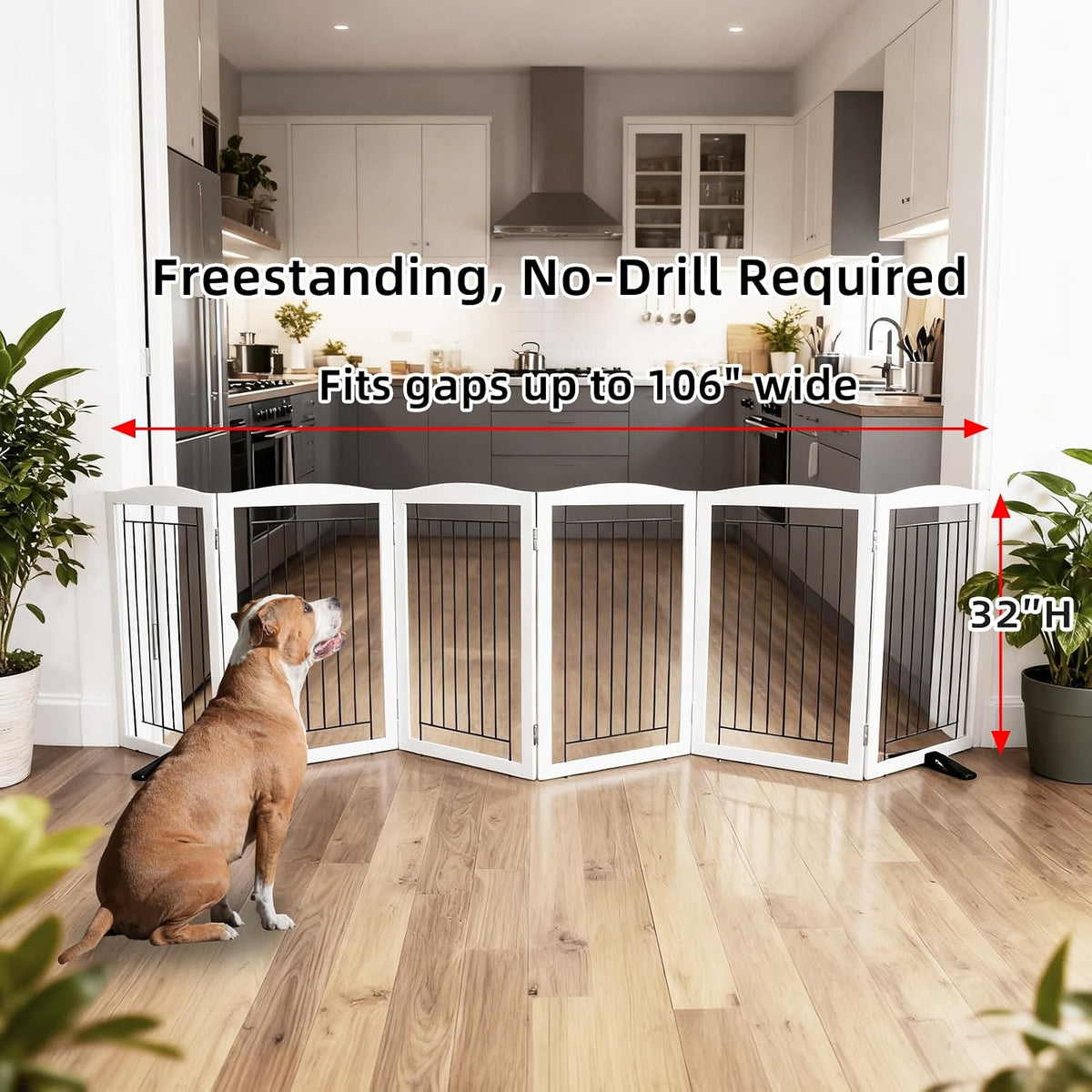 Freestanding Dog Fence Indoor, Foldable Dog Gate for Doorways, Stairs or Hallways, Sturdy Wood Extra Wide Pet Gate with Support Feet for The House, White, 24 "Height-3 Panels