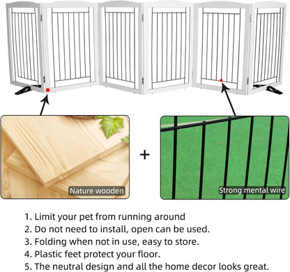 Freestanding Dog Fence Indoor, Foldable Dog Gate for Doorways, Stairs or Hallways, Sturdy Wood Extra Wide Pet Gate with Support Feet for The House, White, 24 "Height-3 Panels
