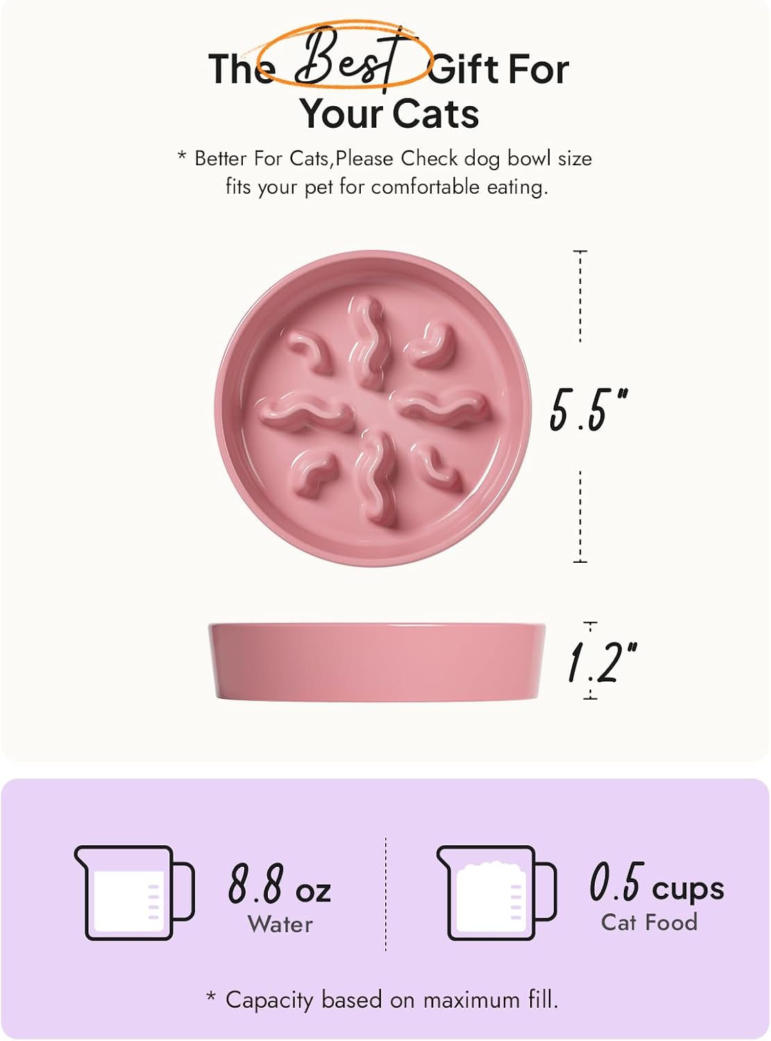 Ceramic Slow Feeder Dog Bowls Small Breed, 0.5 Cups Dog Food Dish for Fast Eaters, Puzzle Bowl for Small Dogs and Cats, 5.5 Inch-Blue