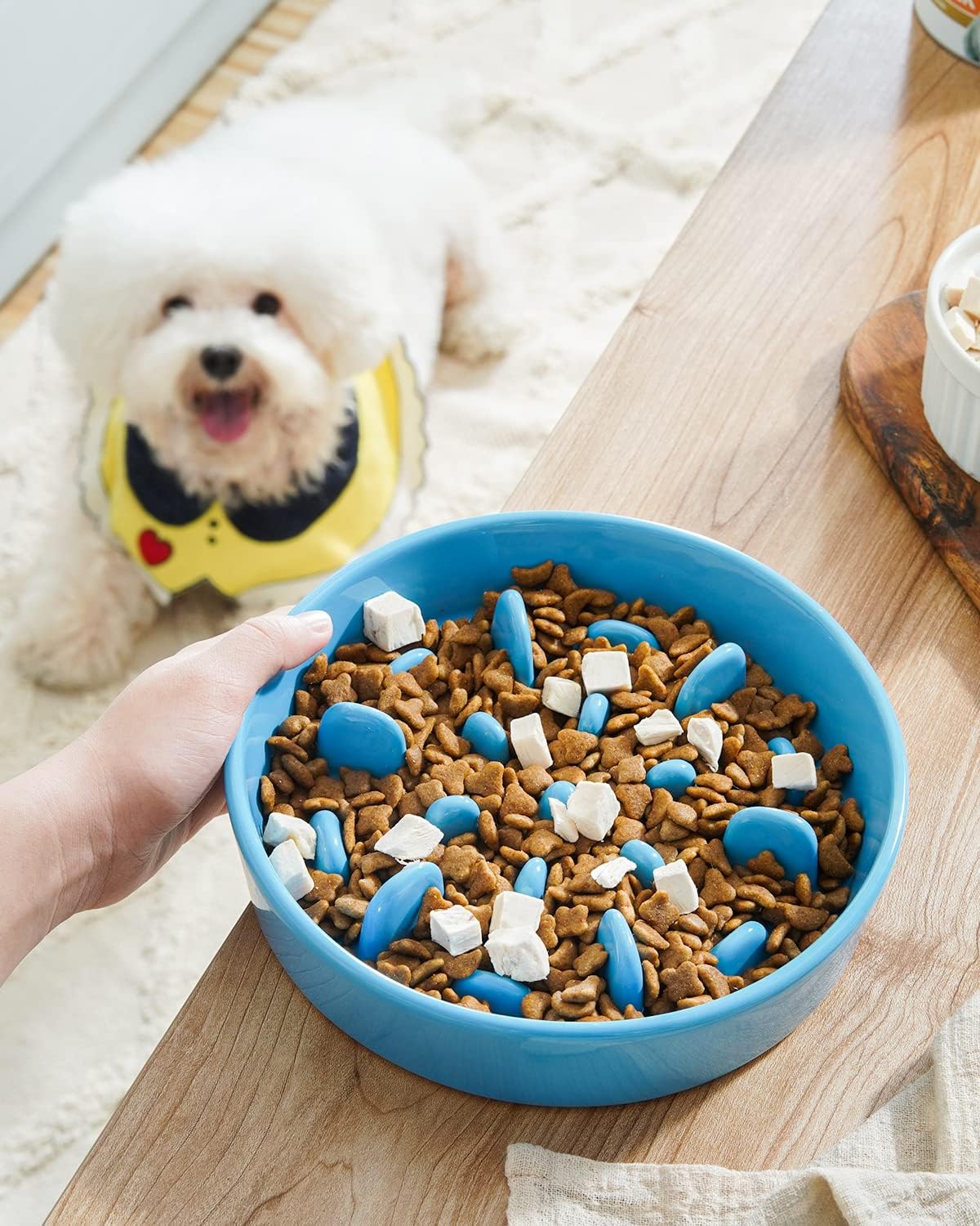 Ceramic Slow Feeder Dog Bowls Small Breed, 0.5 Cups Dog Food Dish for Fast Eaters, Puzzle Bowl for Small Dogs and Cats, 5.5 Inch-Blue