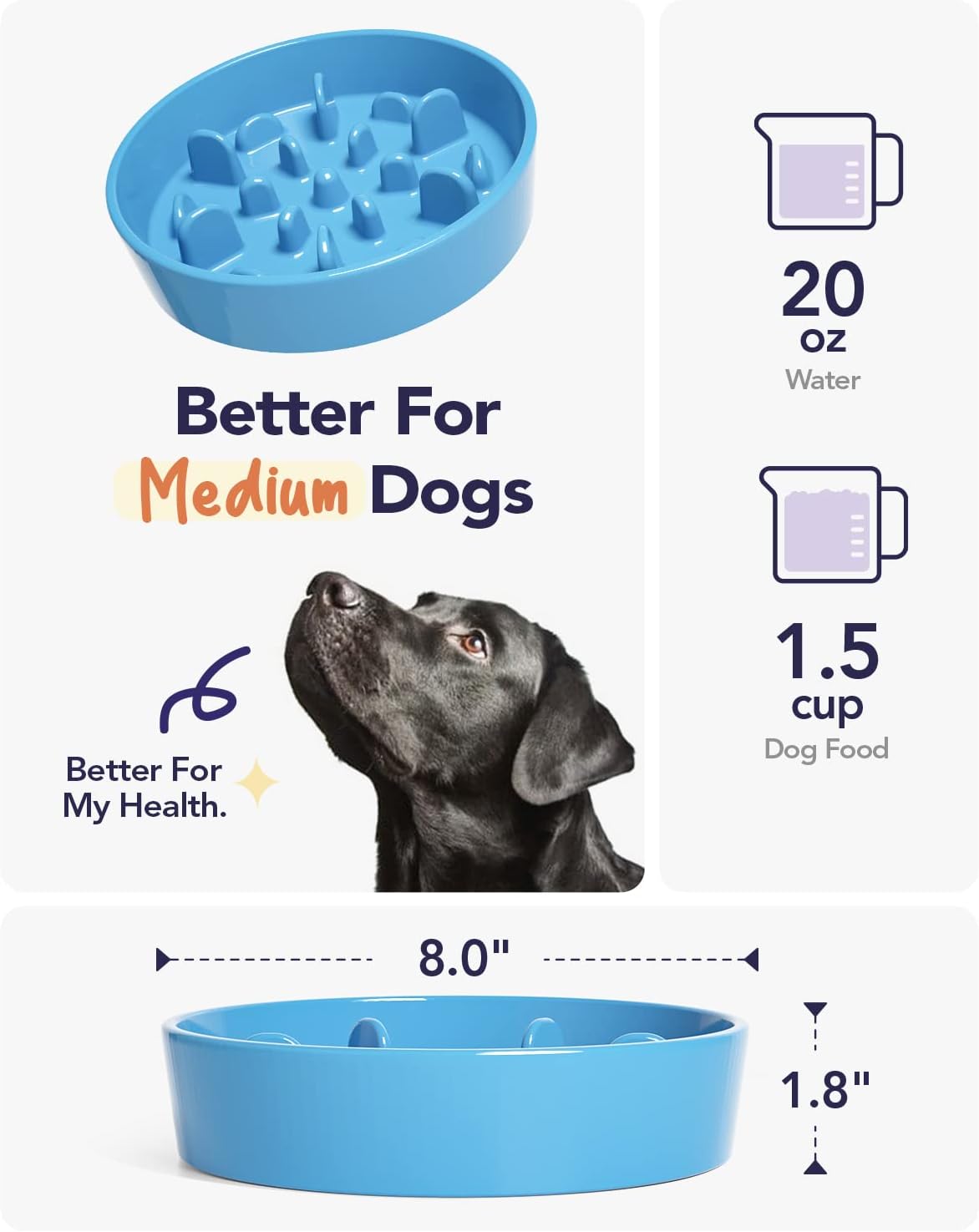 Ceramic Slow Feeder Dog Bowls Small Breed, 0.5 Cups Dog Food Dish for Fast Eaters, Puzzle Bowl for Small Dogs and Cats, 5.5 Inch-Blue