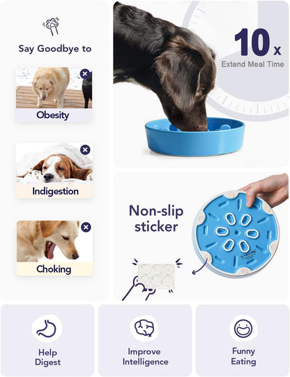 Ceramic Slow Feeder Dog Bowls Small Breed, 0.5 Cups Dog Food Dish for Fast Eaters, Puzzle Bowl for Small Dogs and Cats, 5.5 Inch-Blue