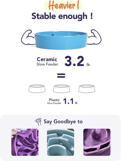 Ceramic Slow Feeder Dog Bowls Small Breed, 0.5 Cups Dog Food Dish for Fast Eaters, Puzzle Bowl for Small Dogs and Cats, 5.5 Inch-Blue
